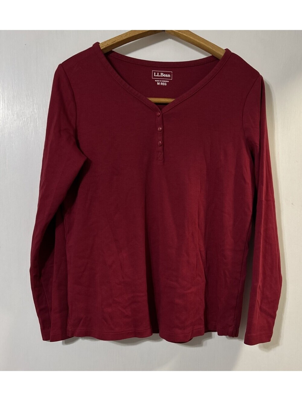 LL Bean Womens Maroon Henley Shirt Size M Casual Solid Cotton Comfort